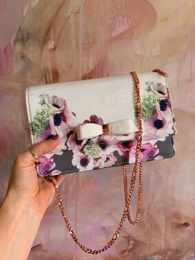 Ted Baker Pink and White Floral Bow Crossbody with Rose Gold Chain